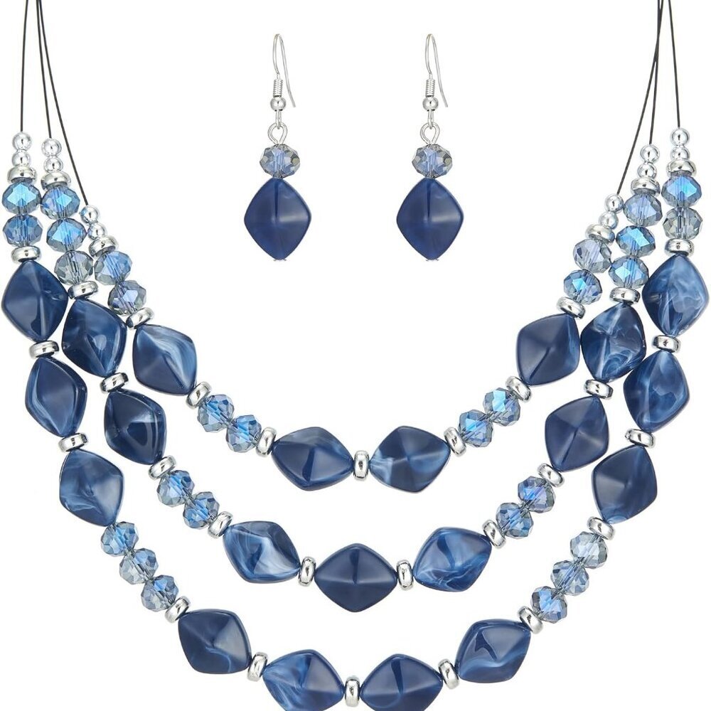 Chunky Layered Beaded Necklace Set With Earrings For Women Gift Jewelry